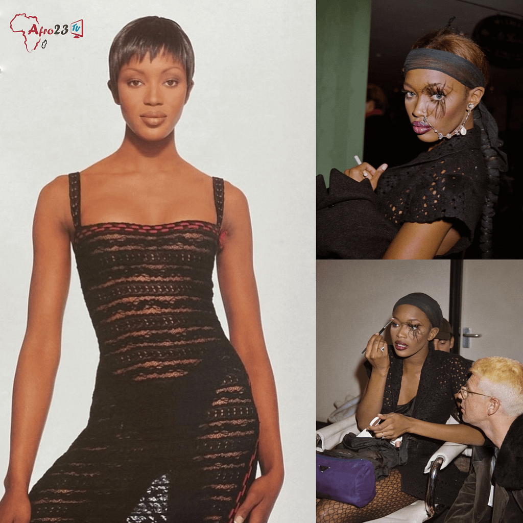Naomi Campbell in a sheer black lace dress designed by Azzedine Alaïa.