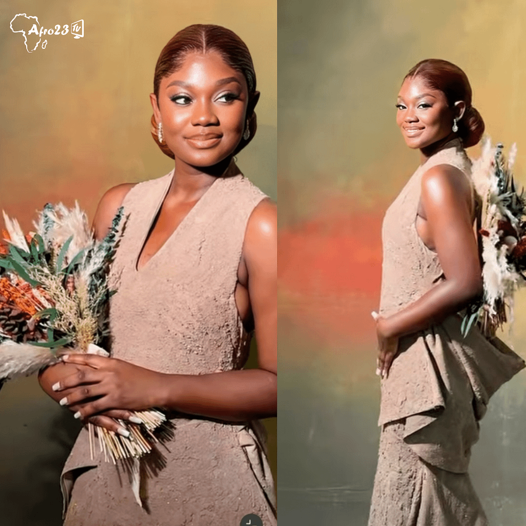 Nigerian bride in a sand dress inspired by Tyla